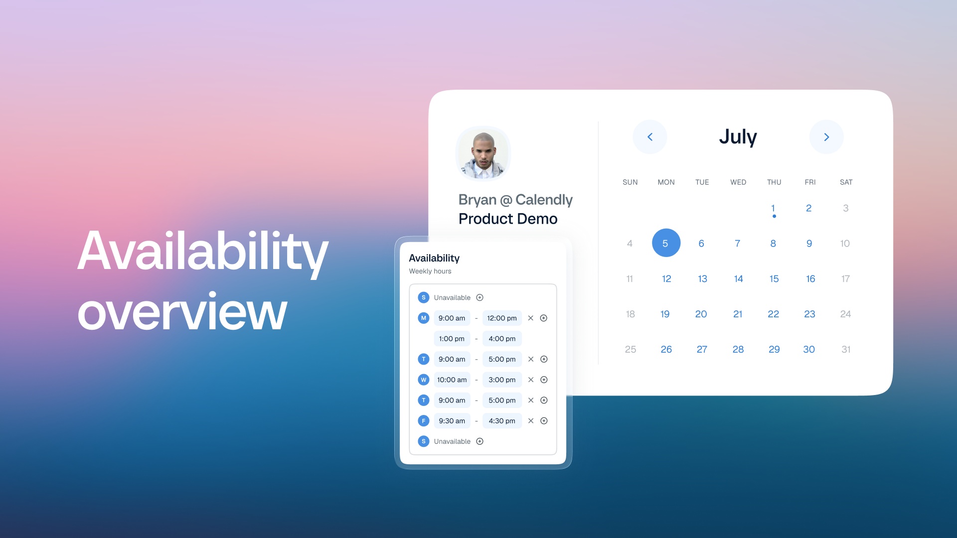 Calendly 官方帮助页的 Availability overview 视频图,示例显示服务提供者的每周时段和可预约日历
