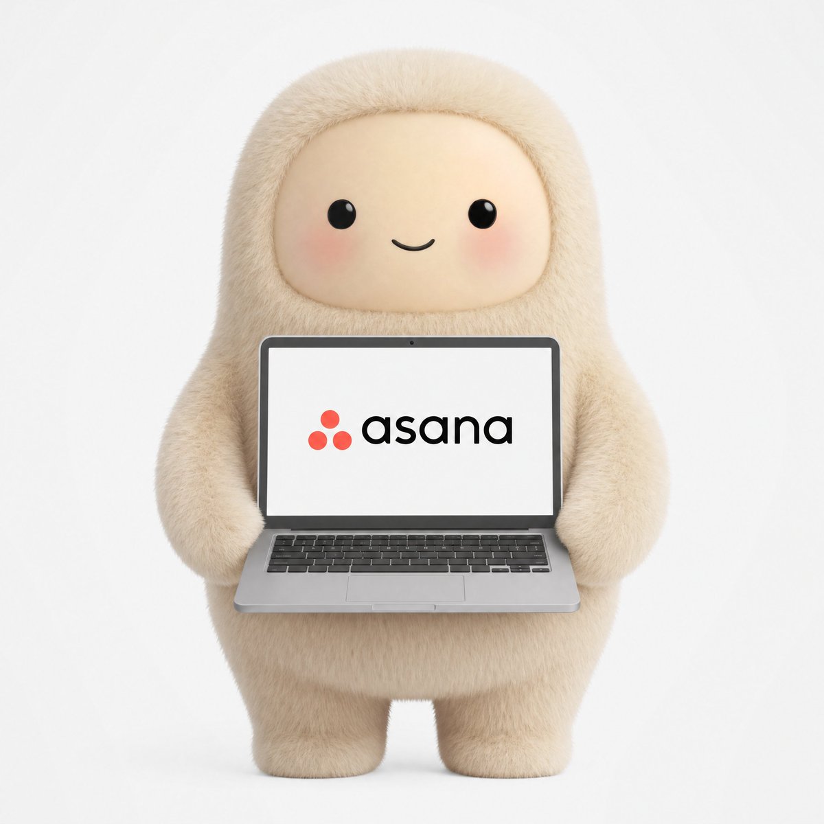 A pale Muse character holds a laptop displaying the Asana logo, with no project task or dependency data visible