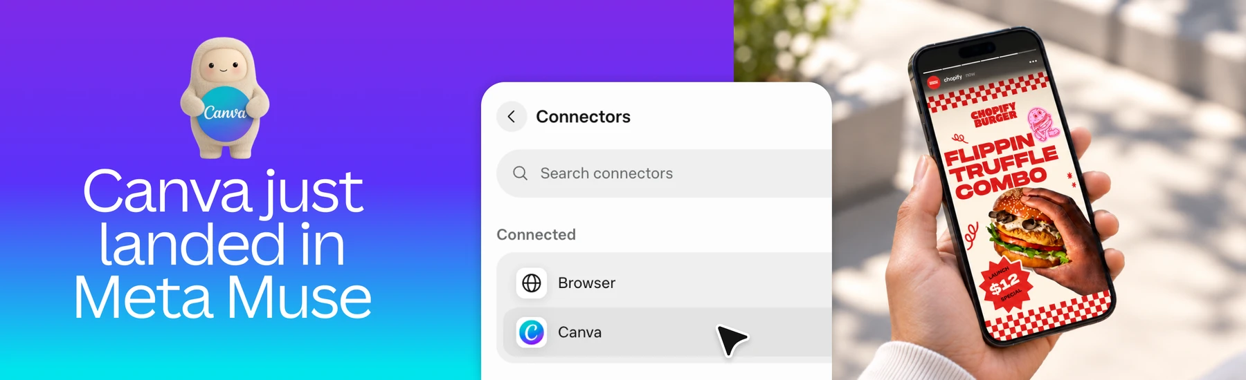 Canva 官方合作配图，左侧展示 Muse 中的 Canva 连接器，右侧展示一张品牌活动宣传设计