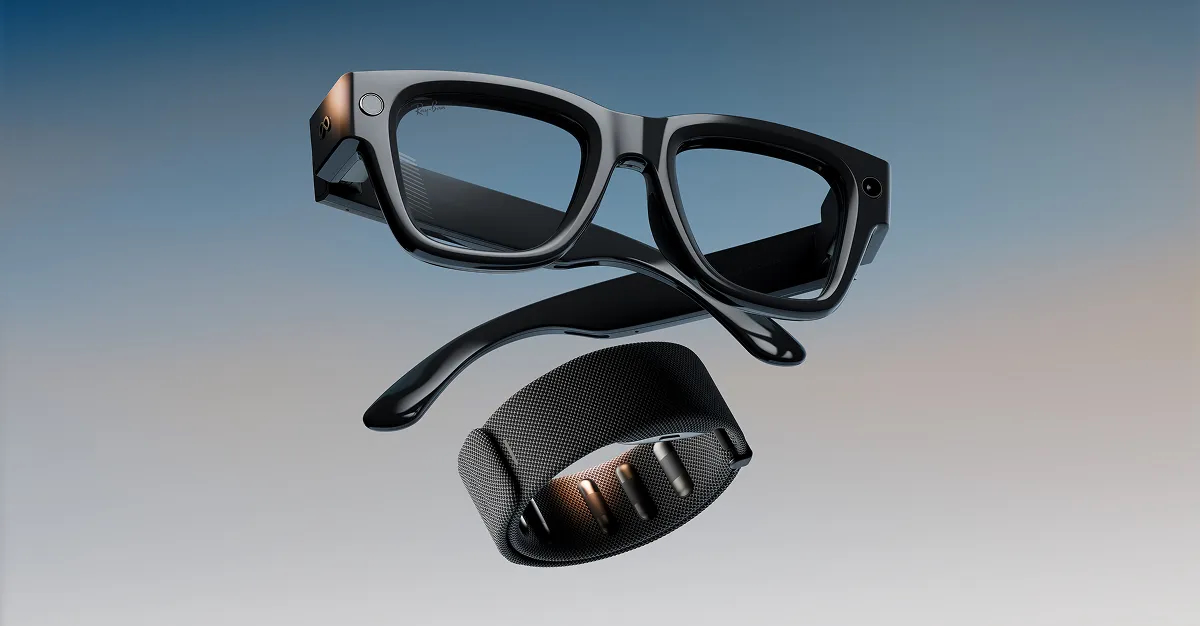 A product render of Ray-Ban Display glasses and the Neural Band