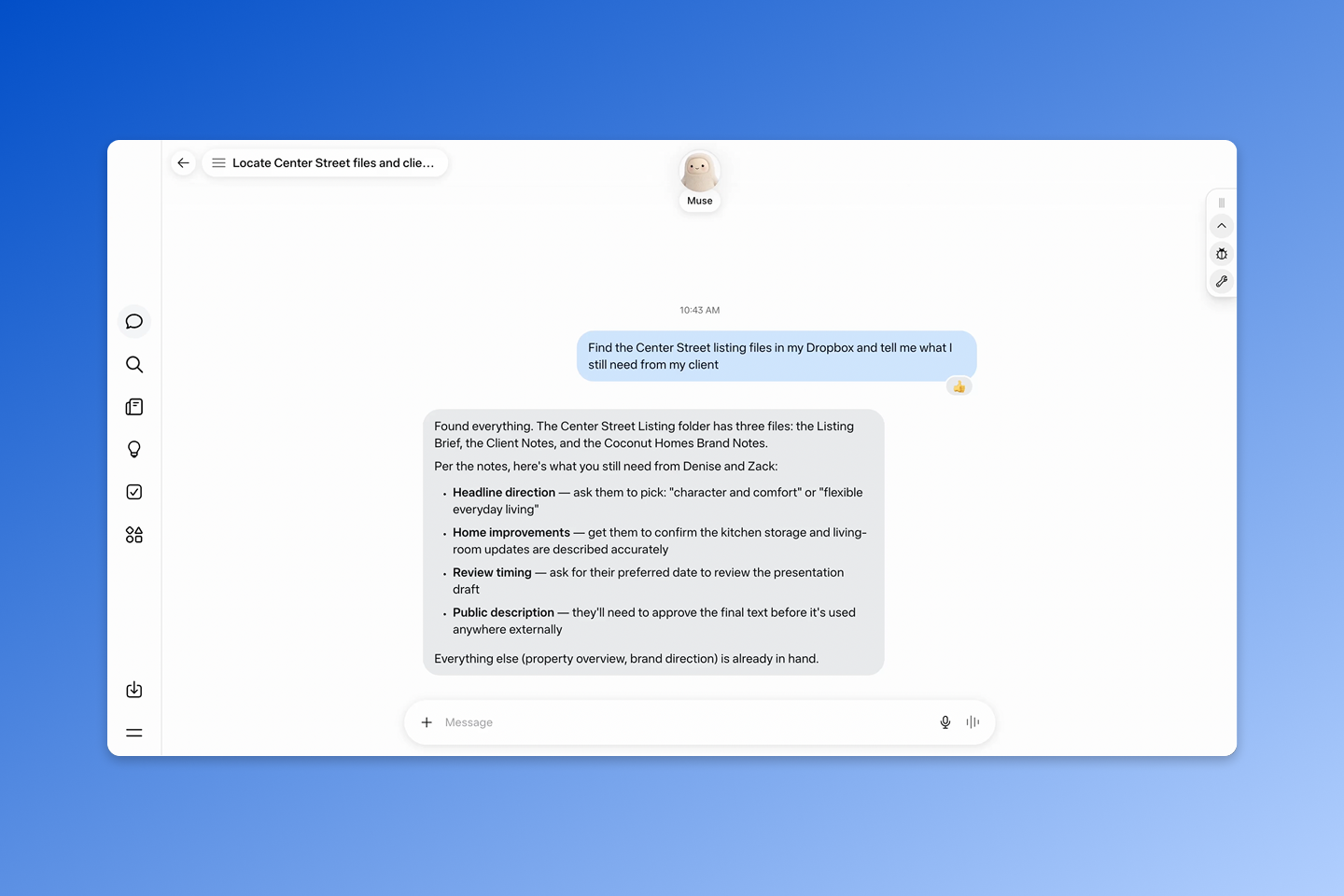 Dropbox官方演示中，Muse根据项目文件列出仍需客户提供的内容