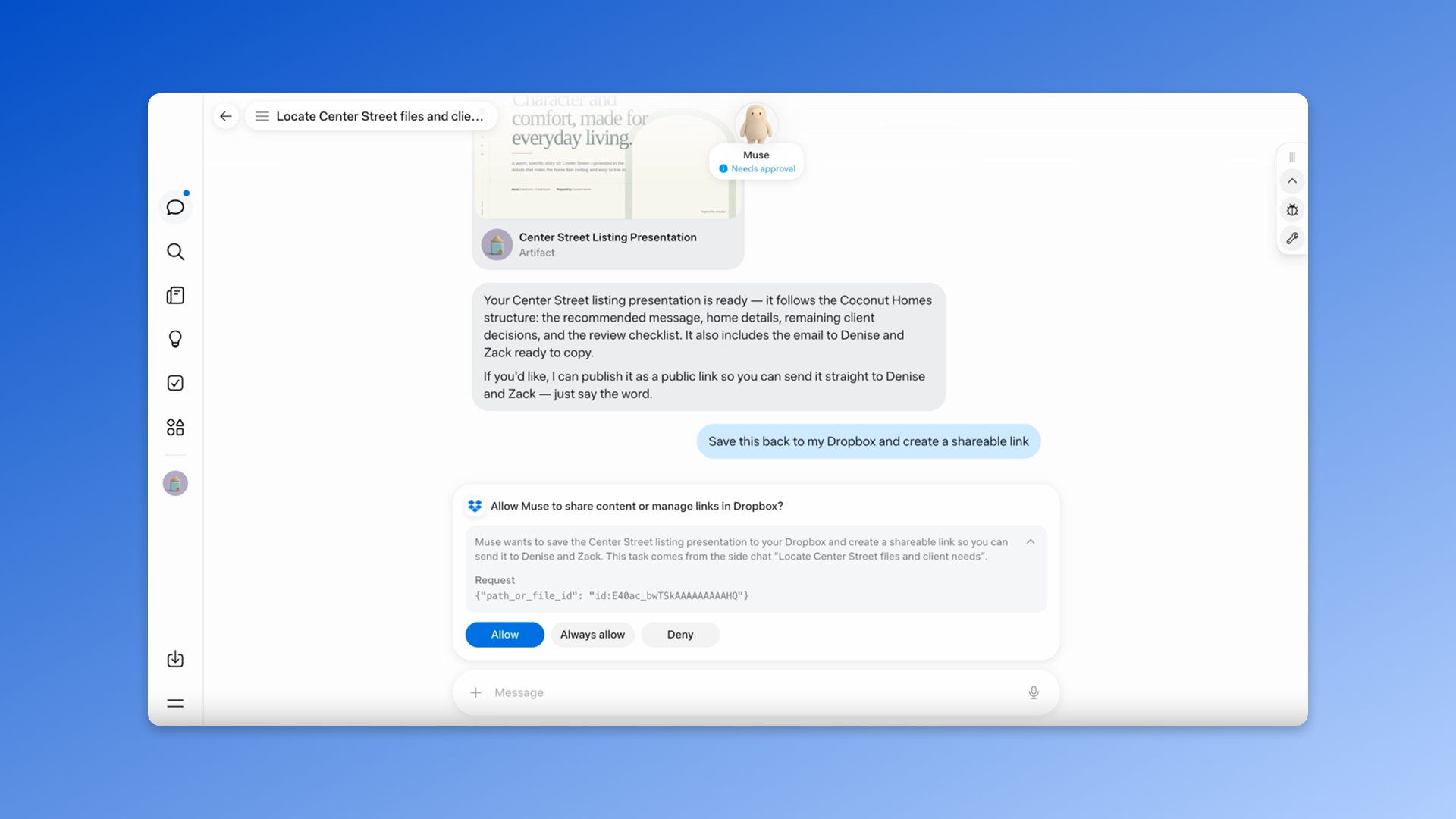 Dropbox official demonstration shows a Muse approval card for a Dropbox sharing action