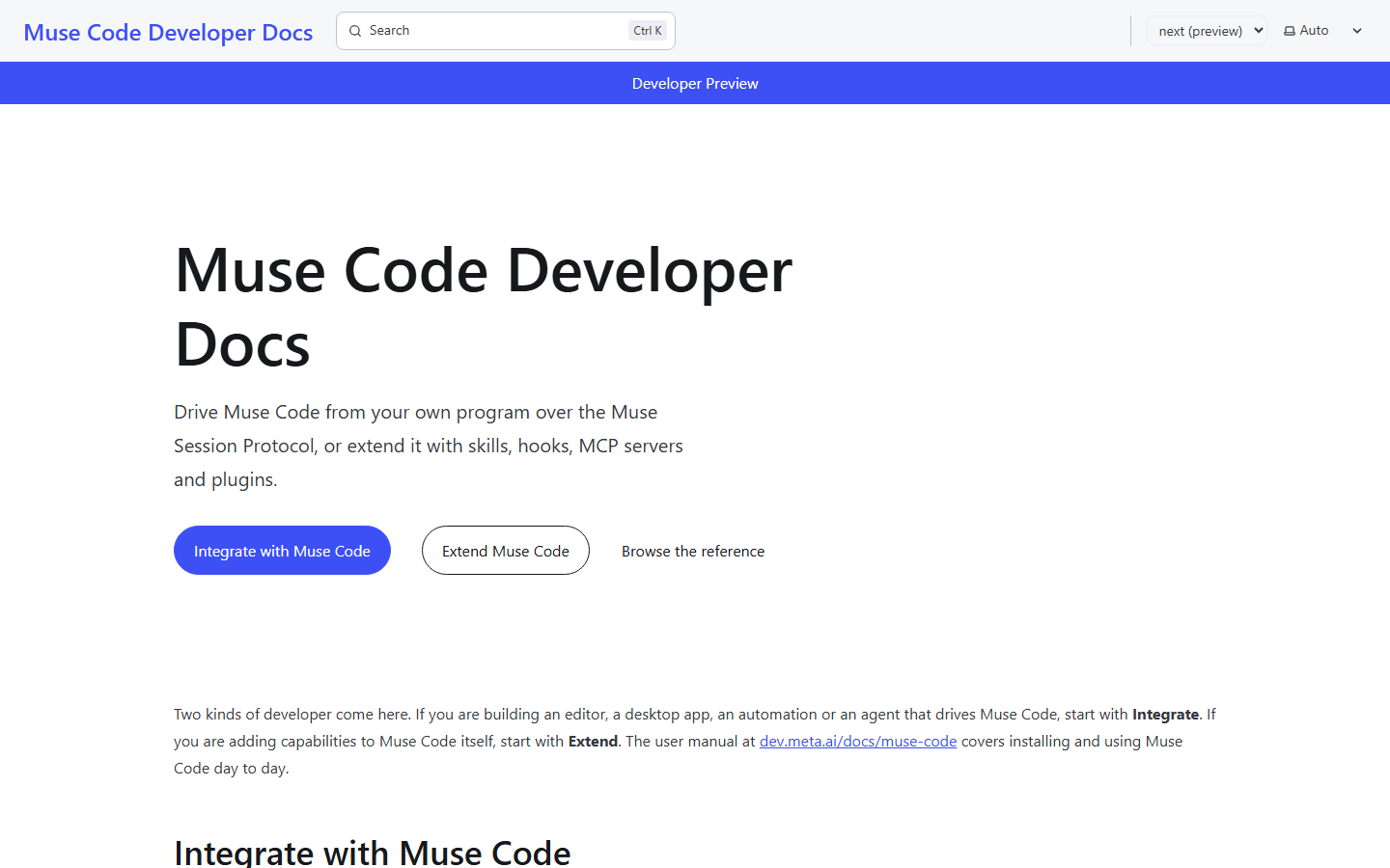 The official Muse Code Developer Docs home page describing integration, extension, and the user manual