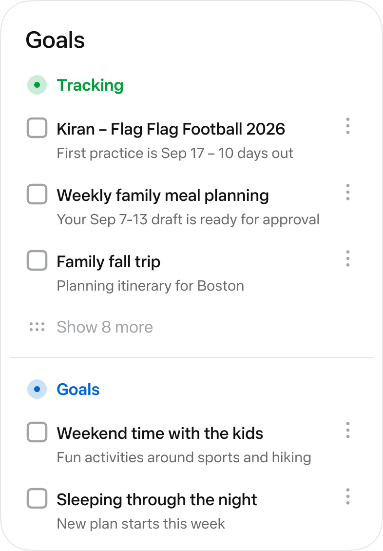 Meta 官方 Muse Goals 界面,列出家庭运动、每周餐单、旅行、睡眠等正在追踪的目标