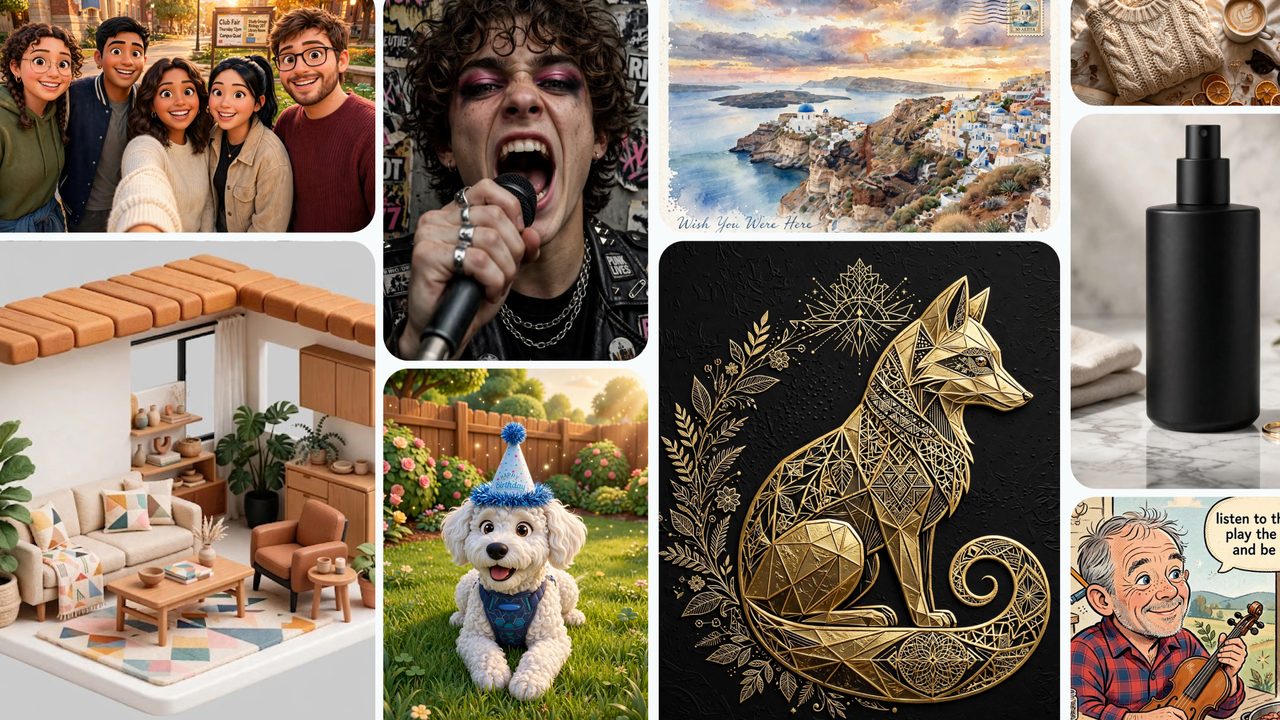 Official Meta Muse Image collage with generated portraits, a room design, a pet, a postcard, and product imagery