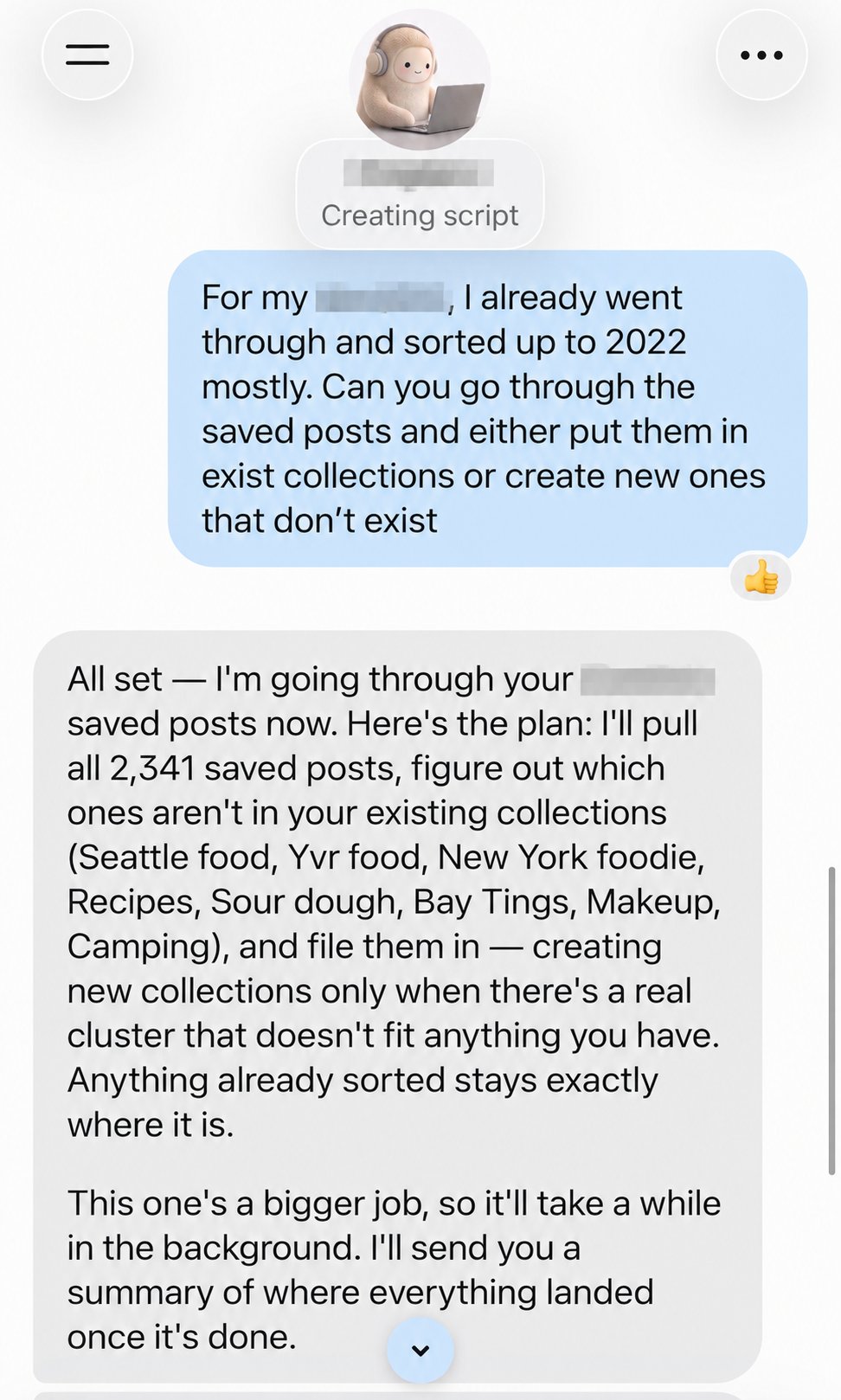 Muse 用户提出整理 Instagram 已保存帖文并保留现有分类的聊天截图