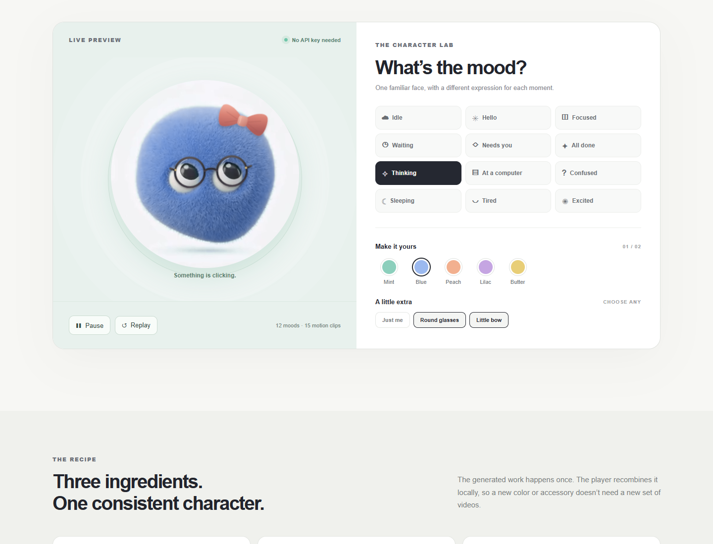 Actual Live Avatars playground showing the blue character with glasses and a bow, with Thinking selected