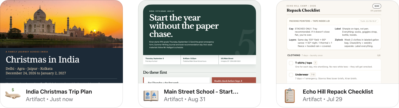 Meta’s public Artifact examples show a trip plan, school information and a packing checklist