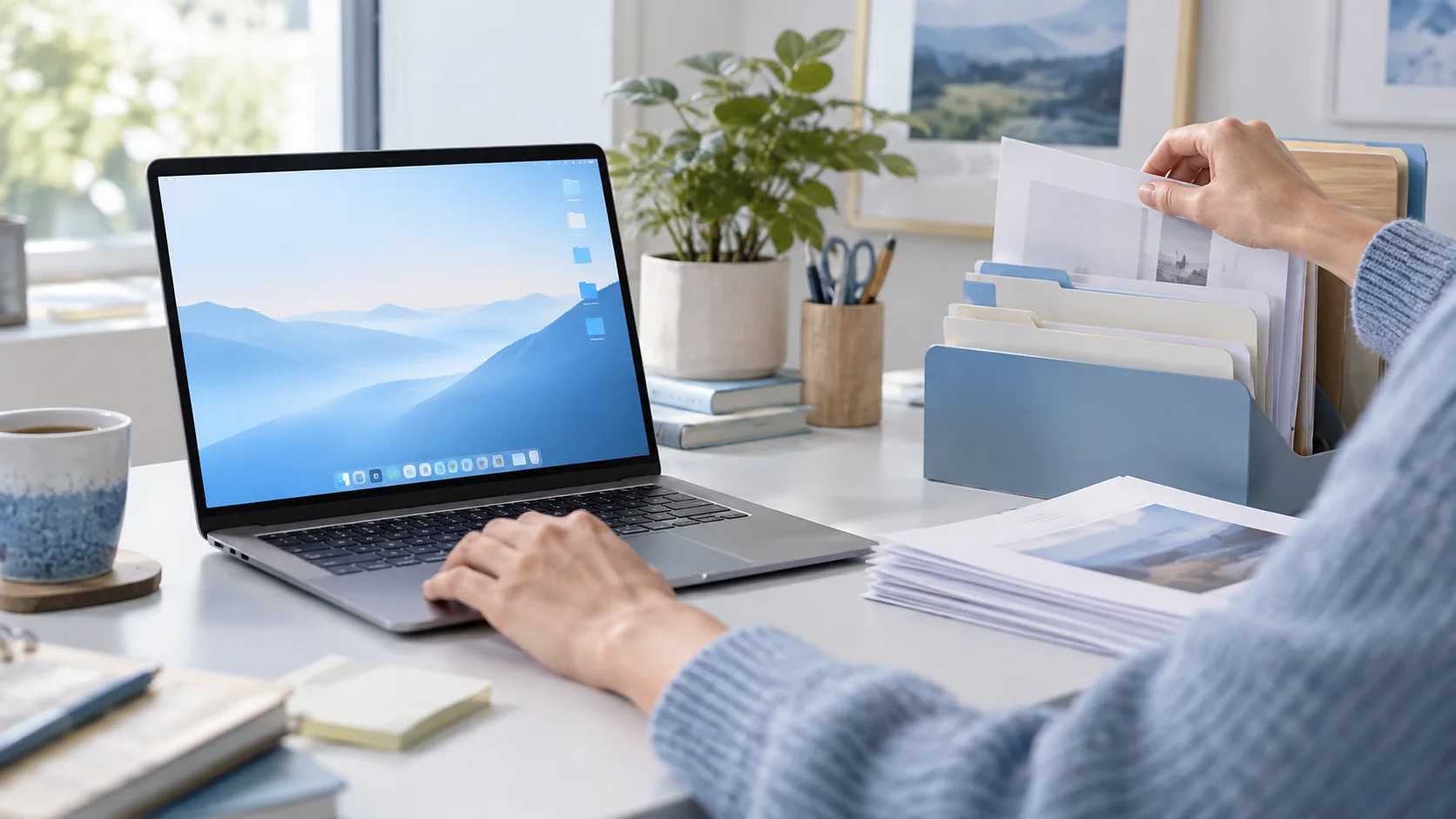 A person checking a short list beside a computer and folders arranged for sorting