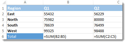 Microsoft Excel for Mac 示例把 Total 行显示为 SUM 公式,而上方保留原始数据