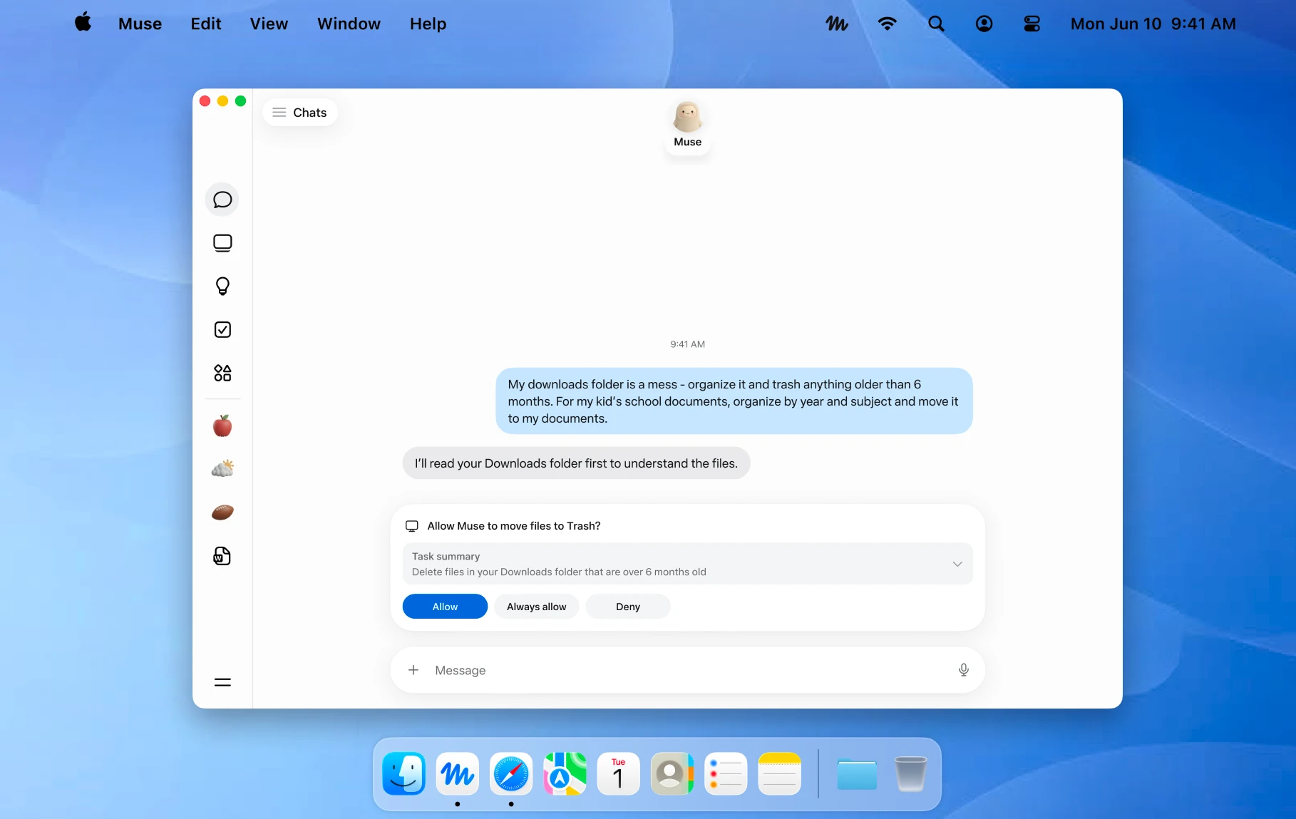 Meta official Muse Mac demonstration showing a file task and separate action approval card