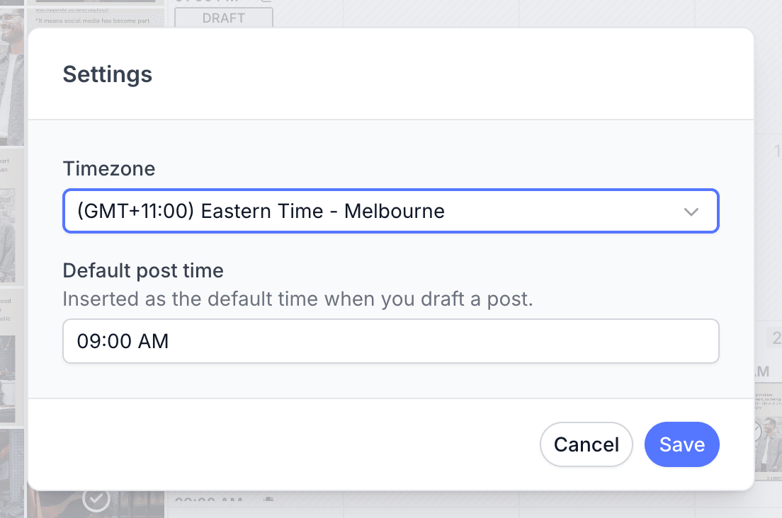 Original Pallyy calendar settings screenshot shows the Social Set timezone and default posting time