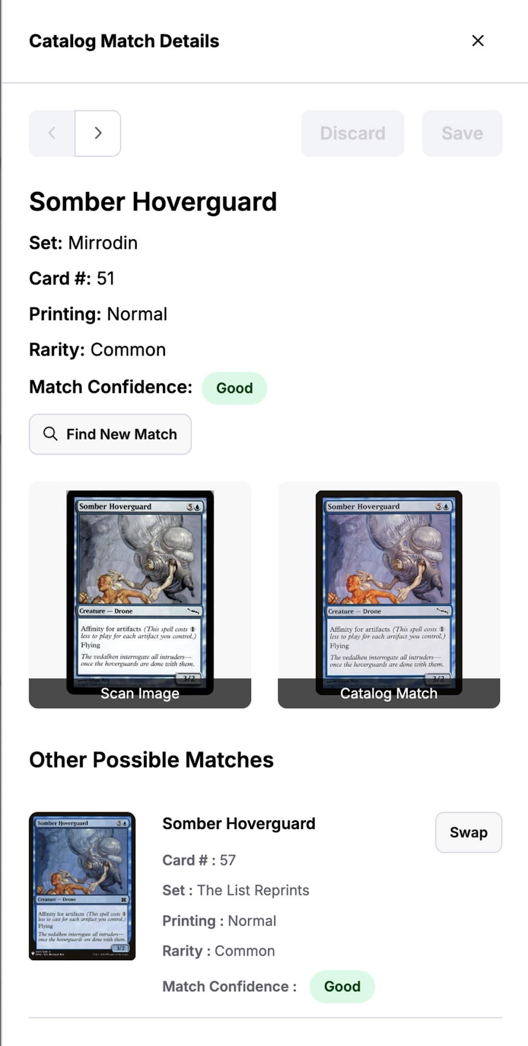 TCGplayer catalog match review compares a scan, a catalog image, and an alternative printing
