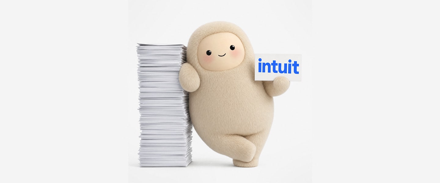 Intuit官方合作图中Muse吉祥物拿着Intuit标识,旁边是一摞文件