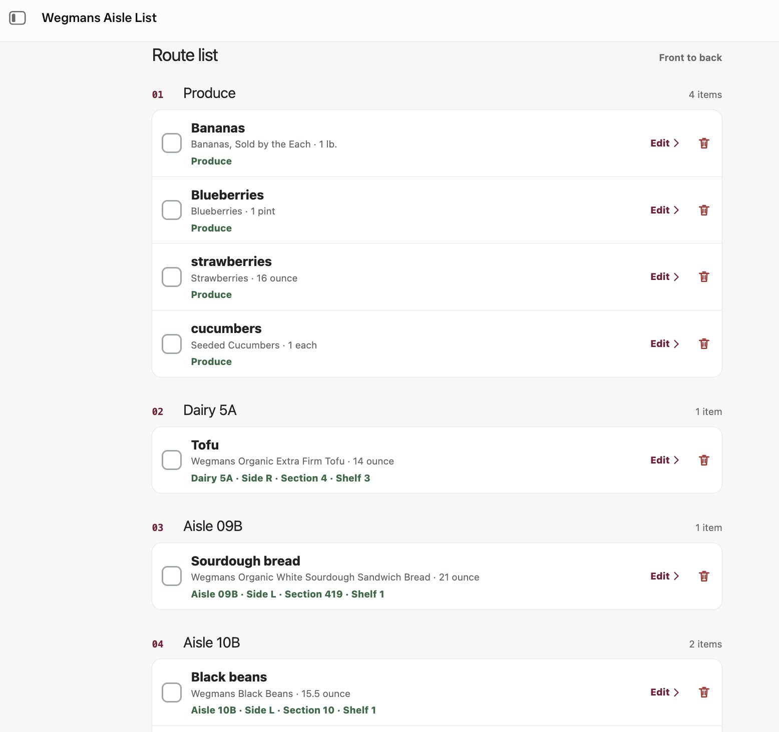 Bryan Person’s original grocery route screenshot with Produce, Dairy, and aisle sections and checkable ingredient rows