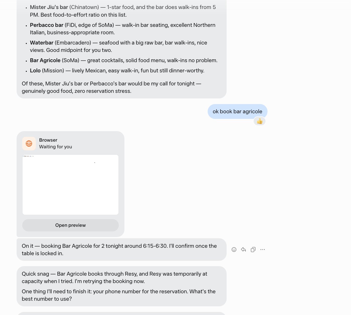 Muse 餐厅建议与浏览器预订进度的用户聊天截图