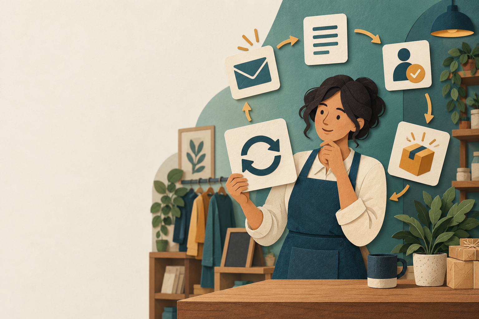 An independent shop owner turns scattered recurring jobs into one reviewed workflow card; conceptual artwork, not a Muse interface.