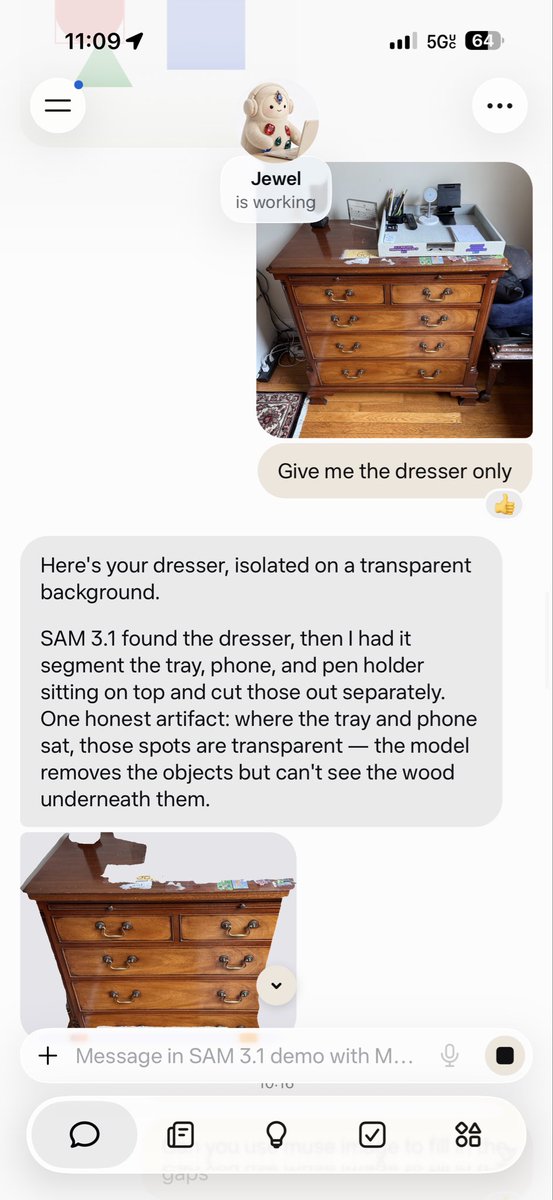 An author’s example screenshot showing a dresser separated from its background, along with object masks and transparent areas