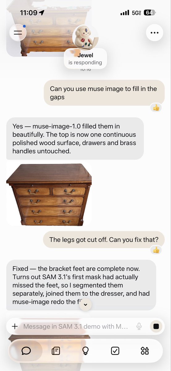 The author’s follow-up screenshot showing a generated tabletop repair and a correction for omitted dresser feet