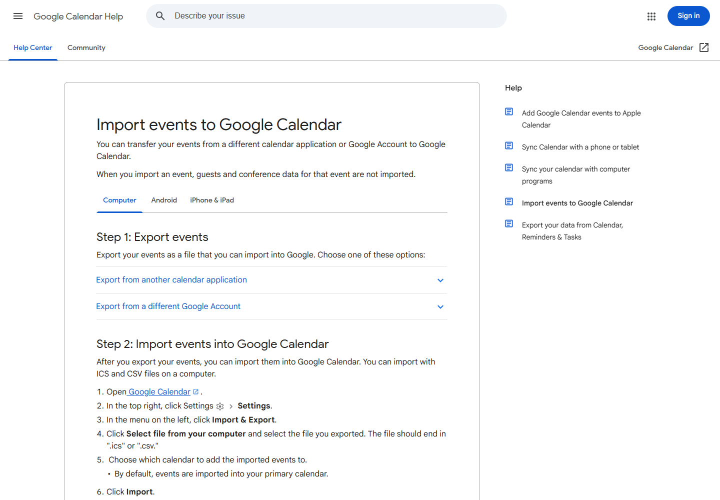 Google Calendar 官方导入帮助页面,说明电脑端支持 ICS 和 CSV 并需选择目标日历
