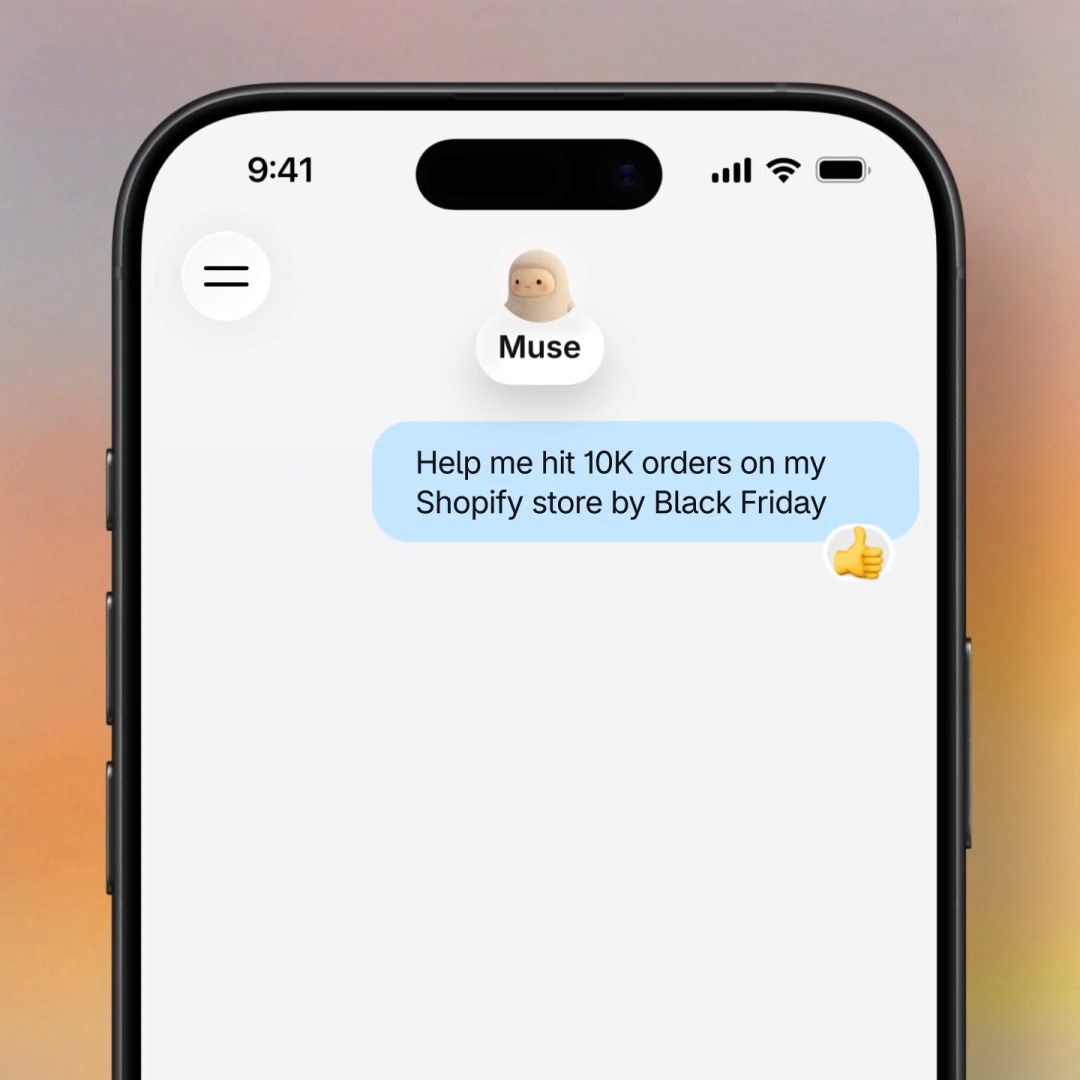 Shopify 官方 Muse 连接器演示视频封面，手机画面中用户让 Muse 帮助推进 Shopify 商店目标