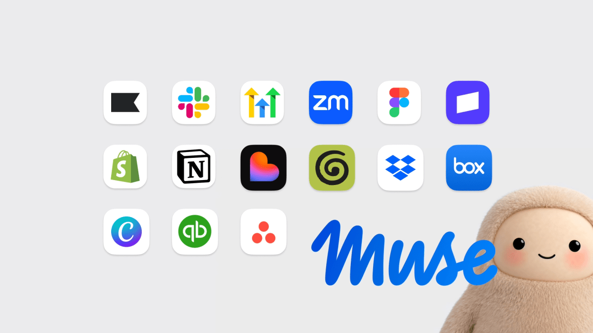 Meta's official Muse for Small Business announcement image with Muse beside icons for Slack, Zoom, Figma, Shopify, Notion, and other connectors