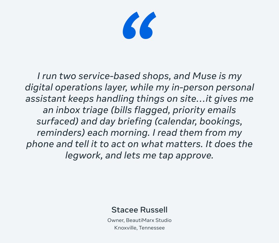 An official Meta Newsroom feedback card from Stacee Russell describing Muse inbox triage and a daily briefing for two service businesses