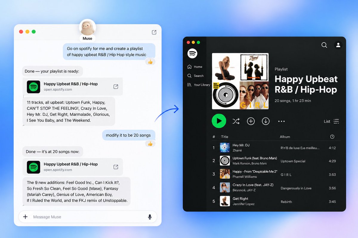 A community example pairing a Muse conversation about creating and expanding a Spotify playlist with the resulting Spotify page