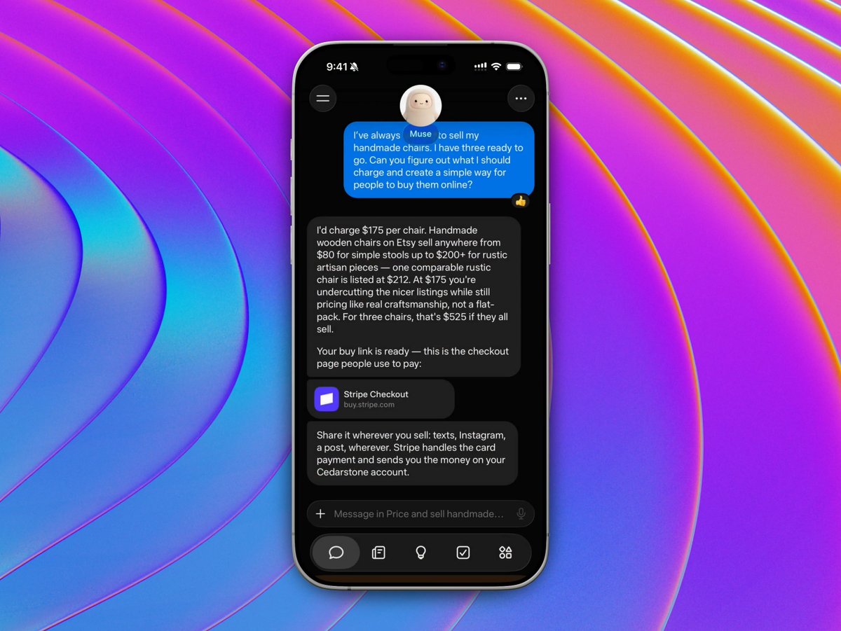 Stripe official demo image shows the handmade-chair conversation, an example price, and a Stripe Checkout link card