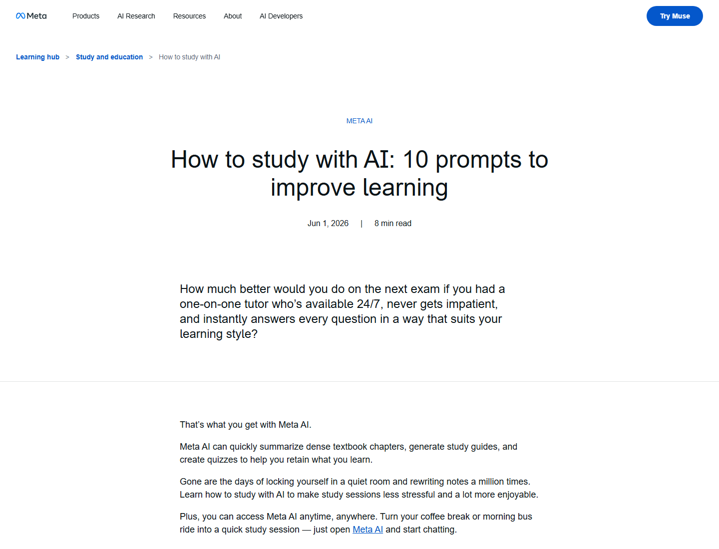 Meta's official How to study with AI page mentioning study guides and quizzes