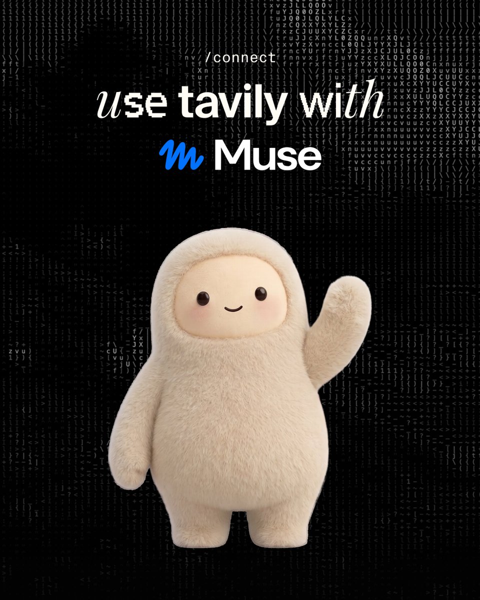 Tavily 官方宣传图写着 Use Tavily with Muse，并展示 Muse 吉祥物