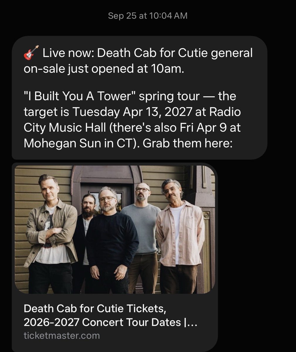 A public sale reminder shows a Death Cab for Cutie on-sale time and a Ticketmaster event card