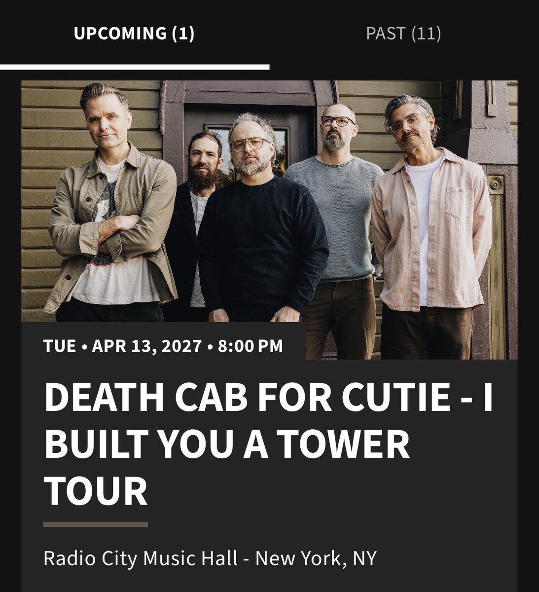 A public Death Cab for Cutie event card lists a date, show time, tour name, and Radio City Music Hall in New York