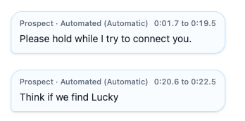 Two automated transcript snippets in Kalen Jordan’s public demo, with speaker-category labels, transcript text, and audio time ranges