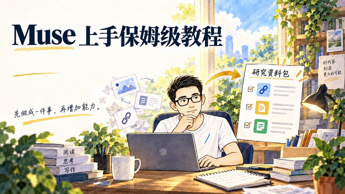Muse 上手保姆级教程原创封面插画，作者展示从阅读资料到创建研究资料包的工作流程